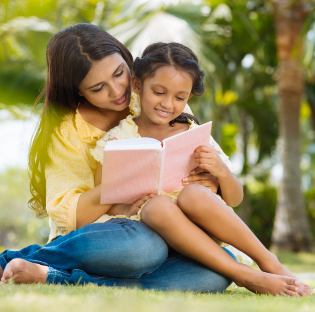 Mother and Child Reading Belesu Guidebook